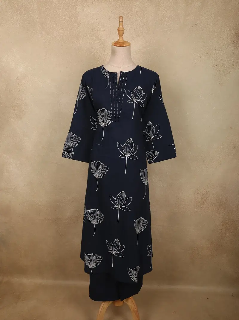 Deep Navy Blue Floral Thread Embroidered Design Cotton Salwar Suit 1