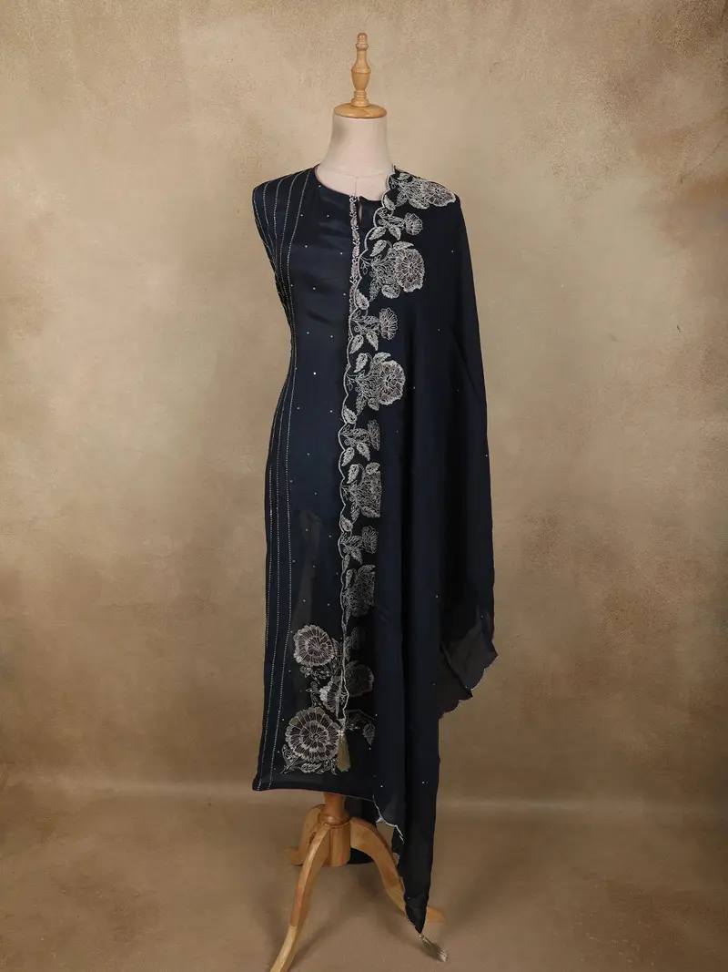 Deep Navy Blue Floral Thread Embroidered Design Cotton Unstitched Salwar Material With Dupatta 1