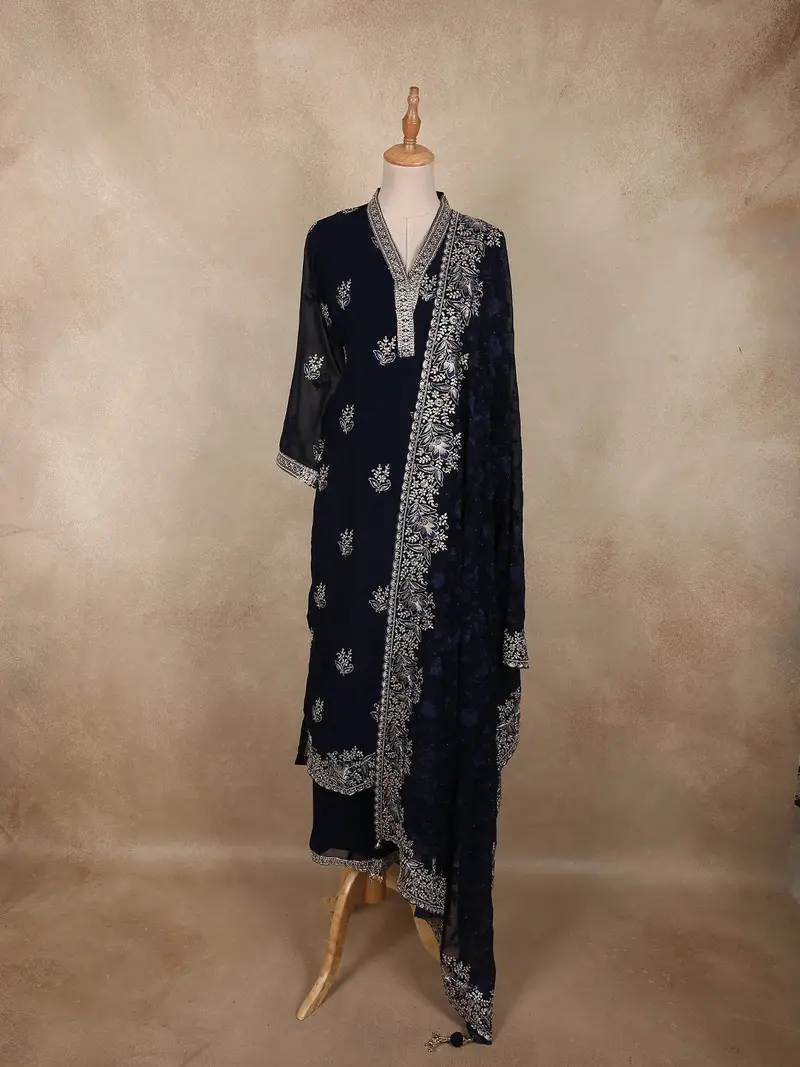 Deep Navy Blue Floral Zari Embroidered Design Georgette Salwar Suit With Dupatta 1