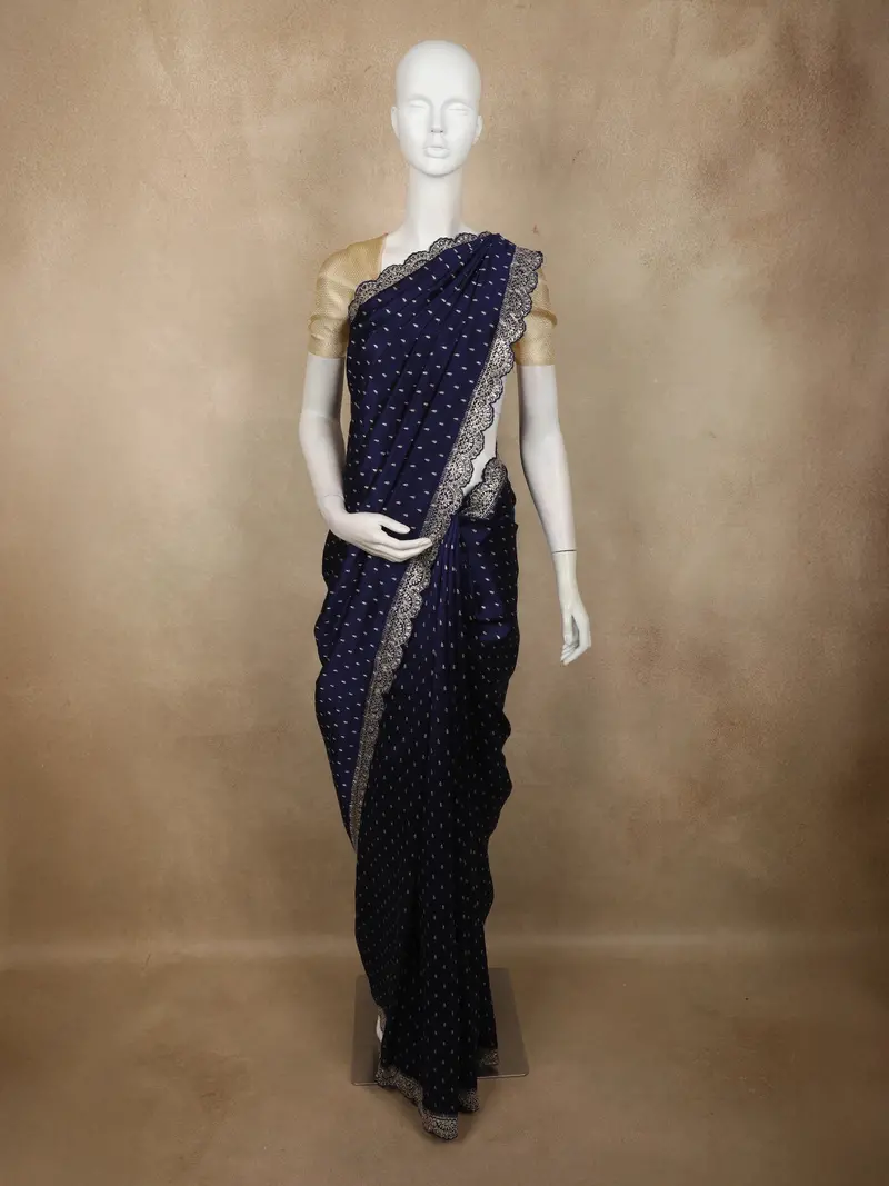 Deep Navy Blue Floral Zari Embroidered Design Tissue Designer Saree With Scalloped Border 1
