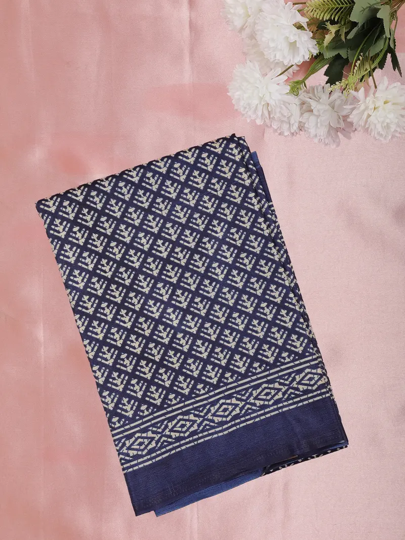 Deep Navy Blue Geometric Printed Design Mixed Silk Cotton Fancy Saree 1