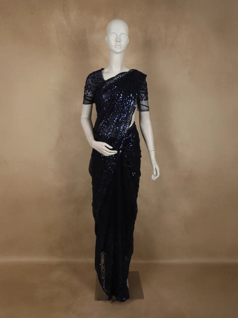 Deep Navy Blue Heavy Sequins Embroidered Design Net Designer Saree 1