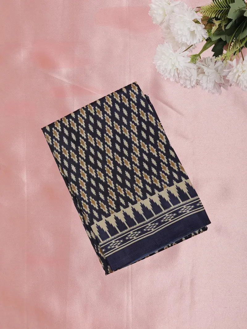 Deep Navy Blue Ikat Printed Design Mixed Cotton Saree 1