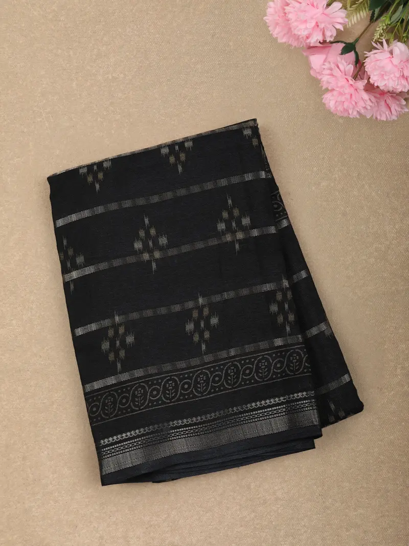Deep Navy Blue Ikat Printed Design Mixed Cotton Saree With Zari Woven Border 1