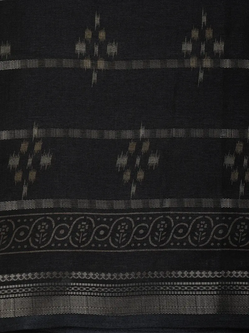Deep Navy Blue Ikat Printed Design Mixed Cotton Saree With Zari Woven Border 2