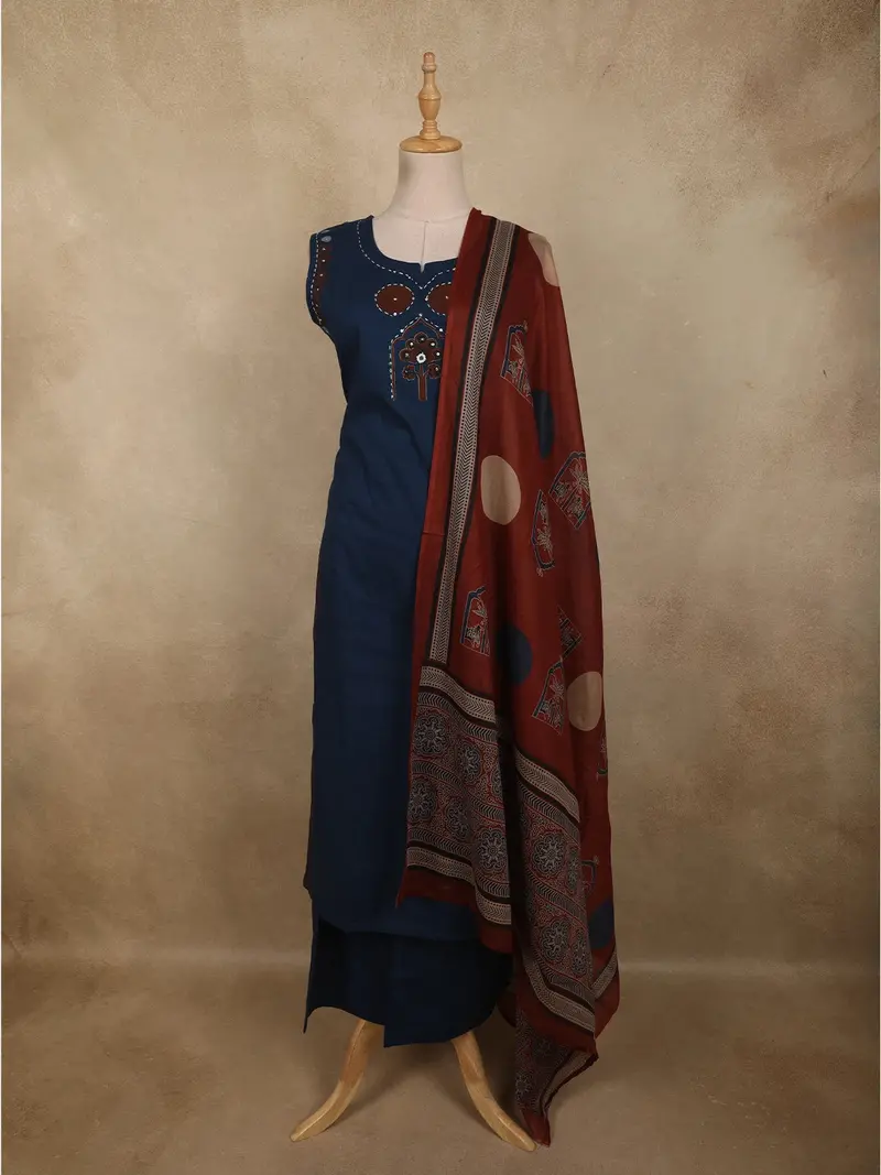 Deep Navy Blue Mirror Embroidered Design Cotton Palazzo Suit With Dupatta 1