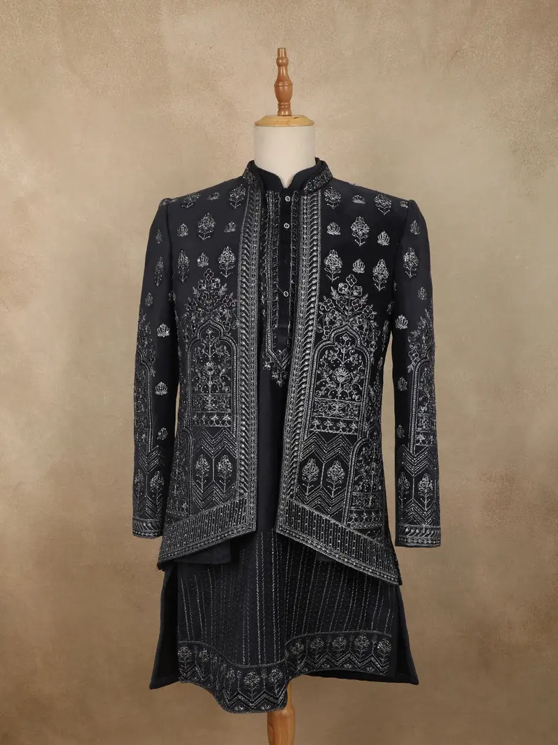 Deep Navy Blue Mughal-Inspired Thread Embroidered Design Velvet Men Sherwani Suit 1