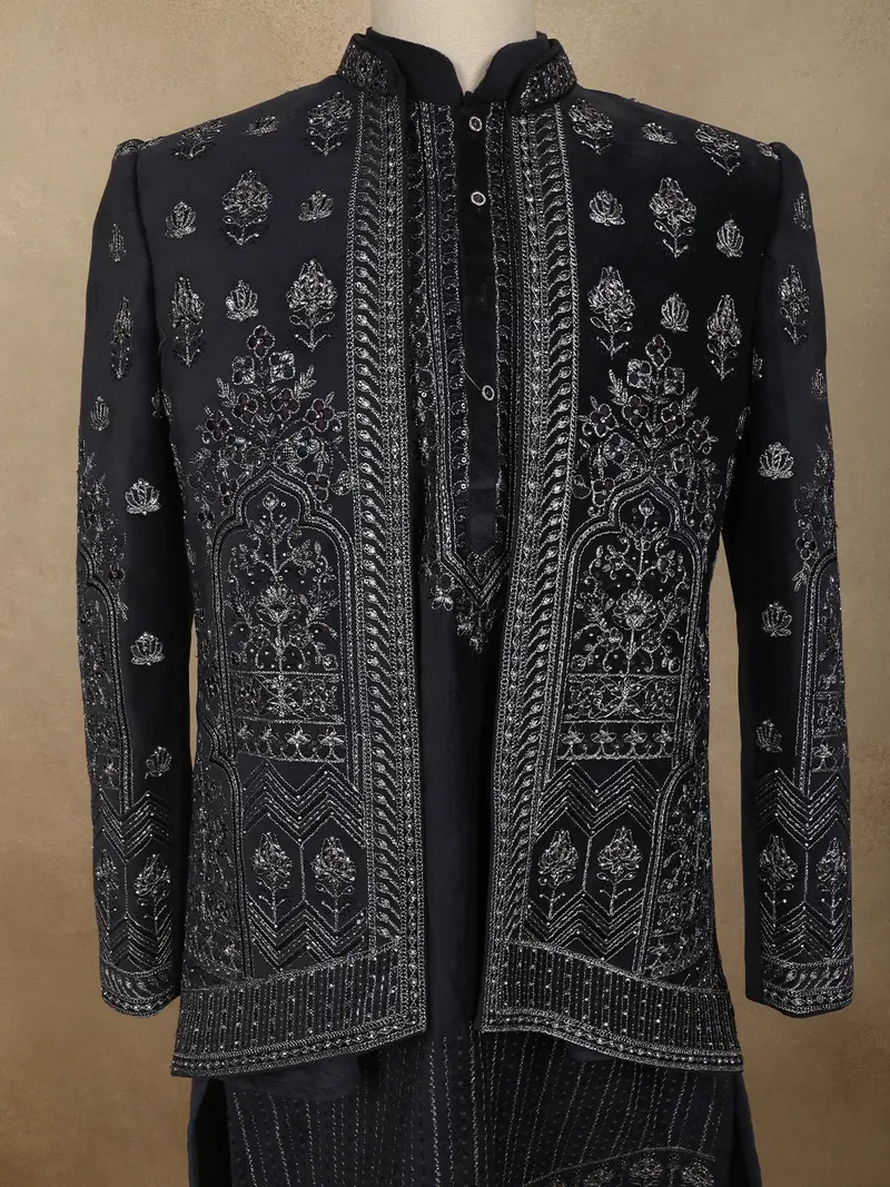 Deep Navy Blue Mughal-Inspired Thread Embroidered Design Velvet Men Sherwani Suit 2