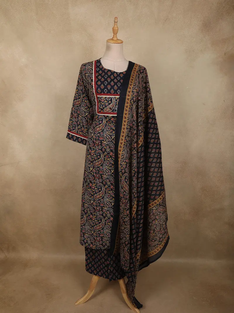 Deep Navy Blue Paisley Printed Design Cotton Salwar Suit With Dupatta 1