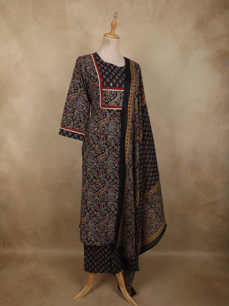 Deep Navy Blue Paisley Printed Design Cotton Salwar Suit With Dupatta 4