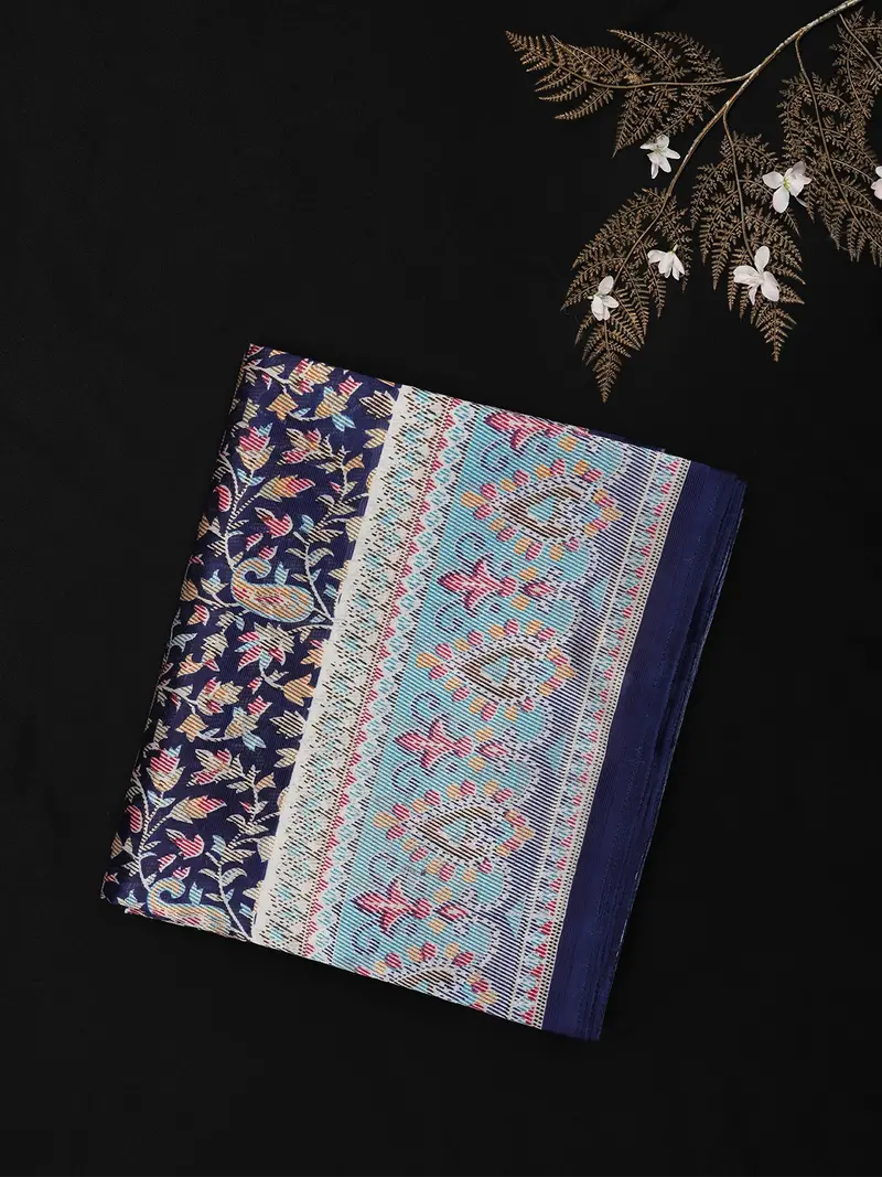 Deep Navy Blue Paisley Printed Design Crepe Silk Saree 1