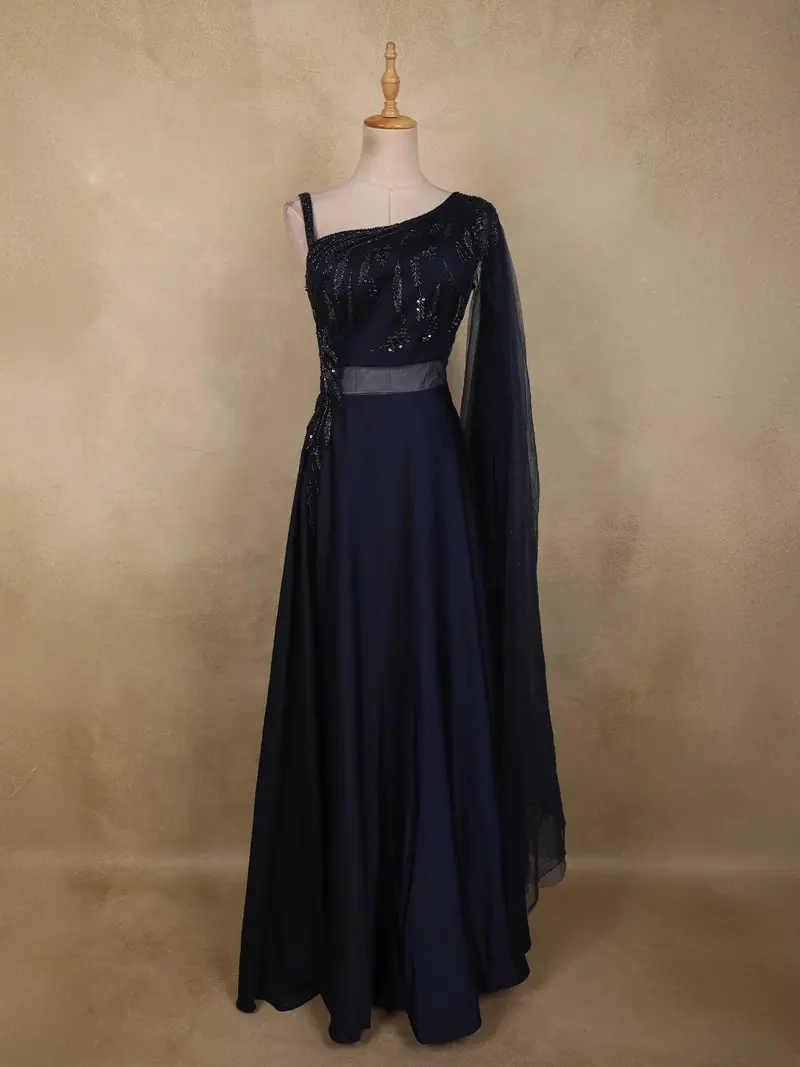 Deep Navy Blue Sequins And Beads Embroidered Design Satin Partywear Gown 1