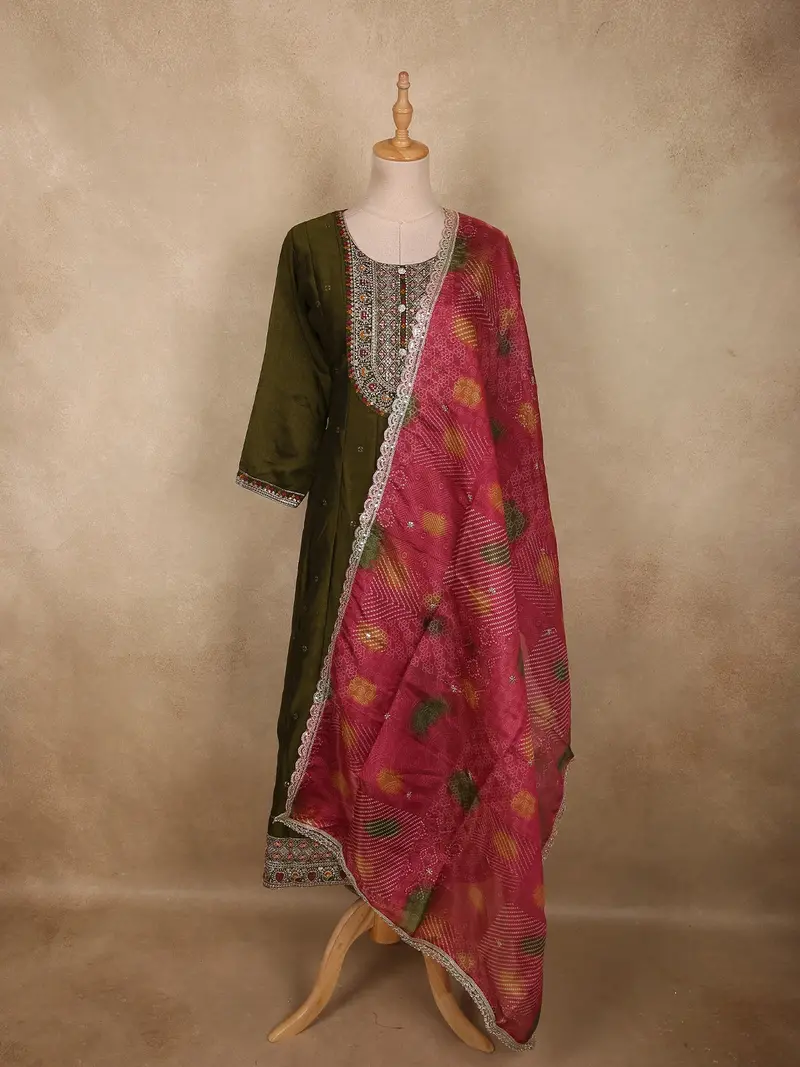 Deep Olive Forest Green Floral Embroidered Design Silk Salwar Suit With Contrast Dupatta 1
