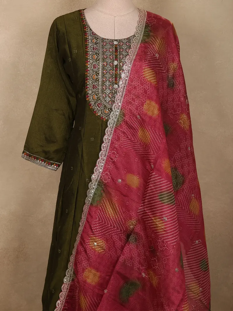 Deep Olive Forest Green Floral Embroidered Design Silk Salwar Suit With Contrast Dupatta 2