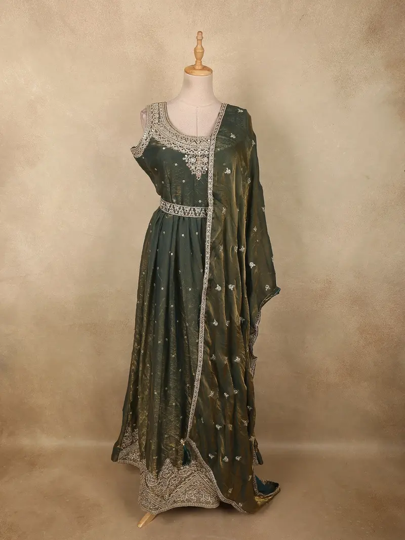 Deep Olive Green Beads And Mirror Embroidered Design Organza Party Wear Gown With Hip Belt 1