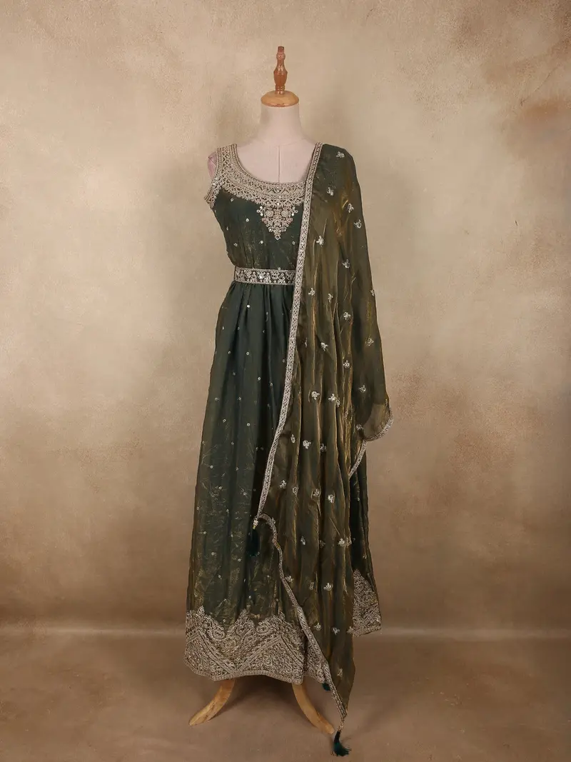 Deep Olive Green Beads And Mirror Embroidered Design Organza Party Wear Gown With Hip Belt 1