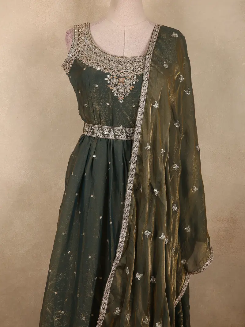 Deep Olive Green Beads And Mirror Embroidered Design Organza Party Wear Gown With Hip Belt 2