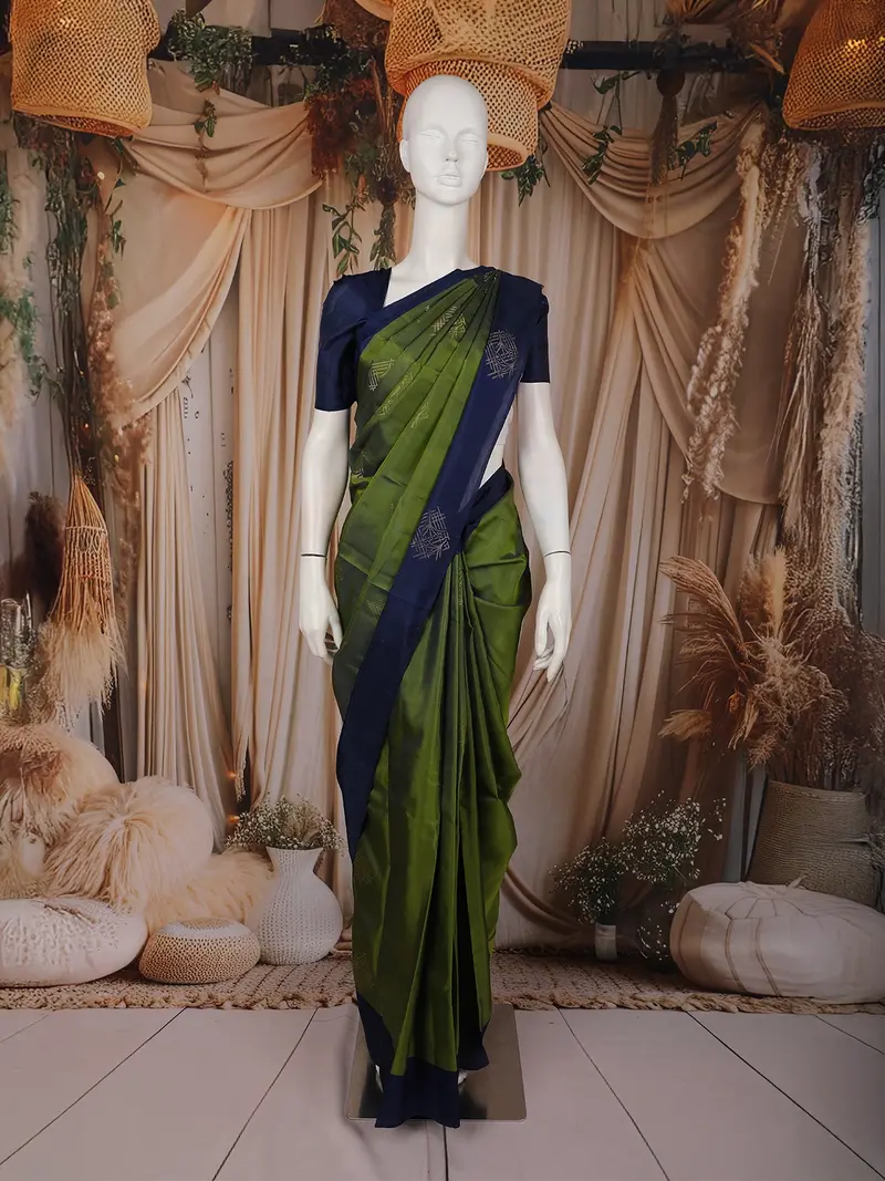 Deep Olive Green Butta Design Soft Silk Saree With Contrast Border 1