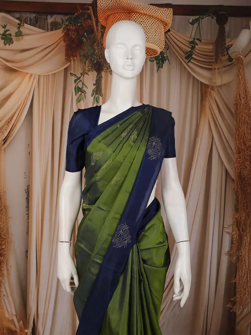 Deep Olive Green Butta Design Soft Silk Saree With Contrast Border 2