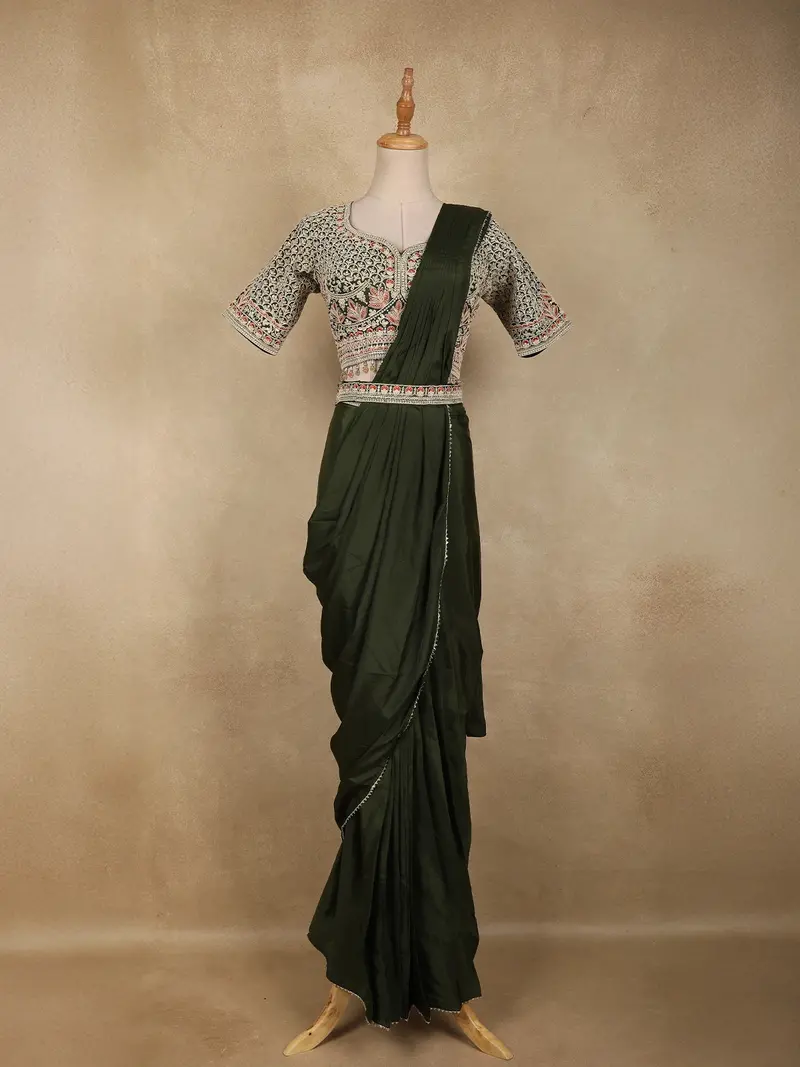 Deep Olive Green Embroidered Georgette Ready To Wear Saree With Designer Blouse 1