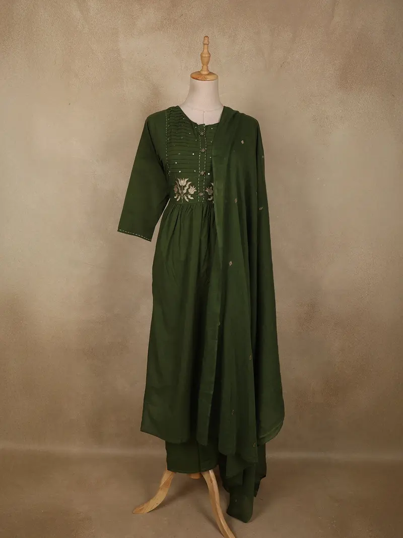 Deep Olive Green Floral Thread Embroidered Design Cotton Anarkali Salwar Suit 1