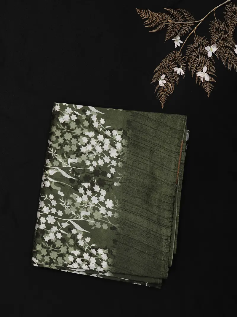 Deep Olive Green Floral Woven Design Blended Cotton Saree 1