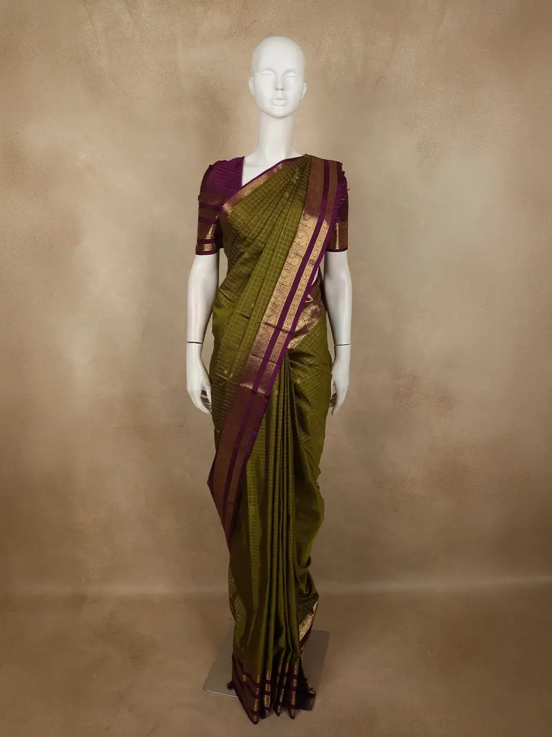 Deep Olive Green Mini Checked Zari Woven Design Pure Kanchipuram Silk Saree With Contrast Peacock Zari Border 1