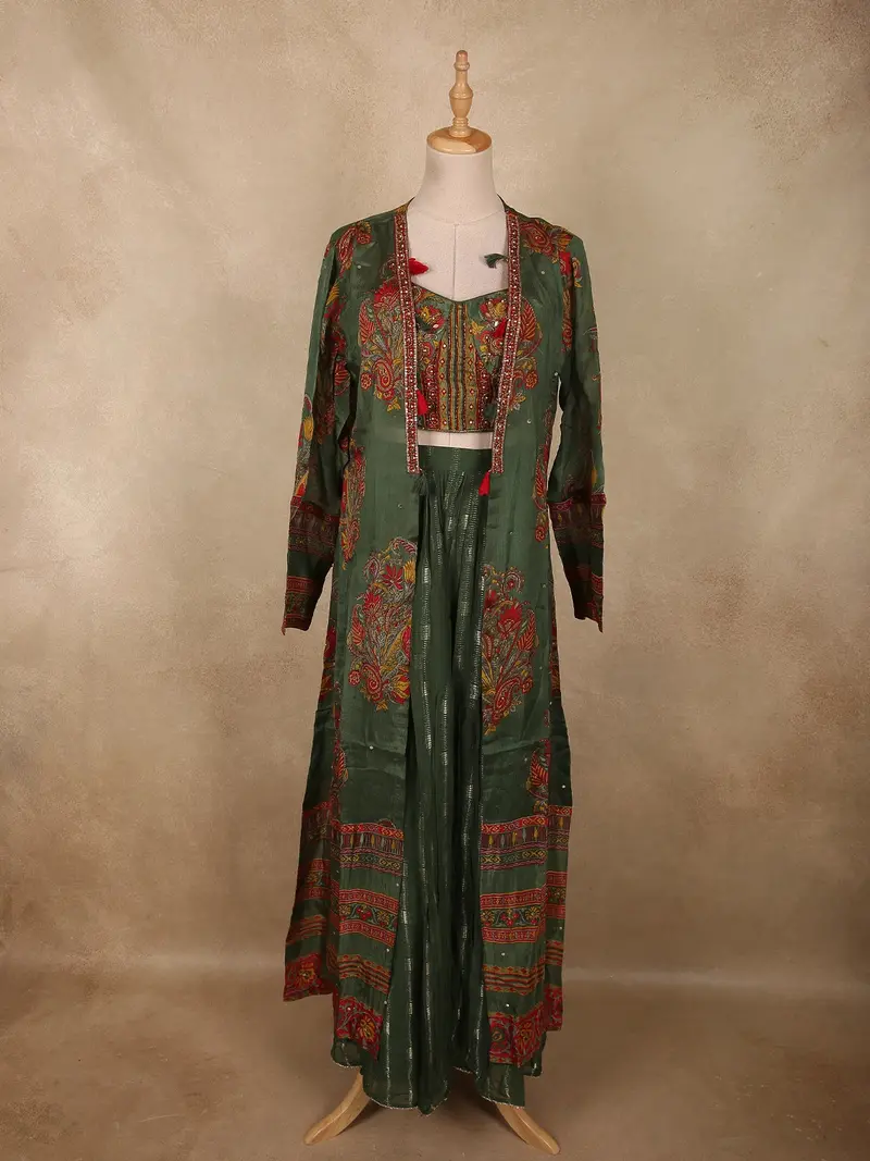 Deep Olive Green Paisley Printed Design Georgette Palazzo Suit With Long Coat 1