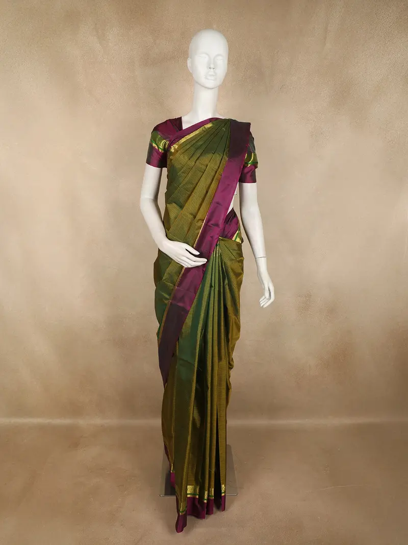 Deep Olive Green Striped Woven Design Kanchipuram Silk Saree With Contrast Zari Border 1