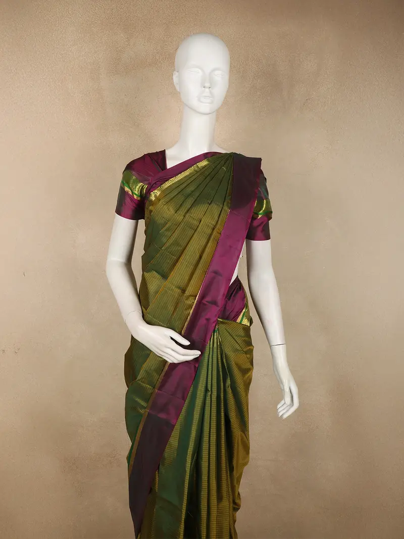 Deep Olive Green Striped Woven Design Kanchipuram Silk Saree With Contrast Zari Border 2