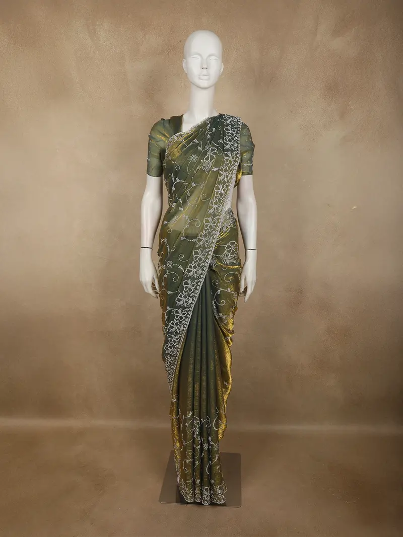 Deep Olive Moss Green Floral Stone Embellished Design Space Silk Party Wear Saree 1