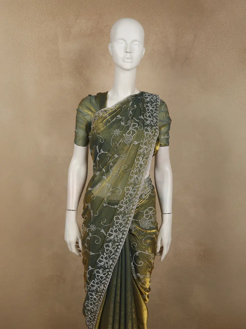 Deep Olive Moss Green Floral Stone Embellished Design Space Silk Party Wear Saree 2