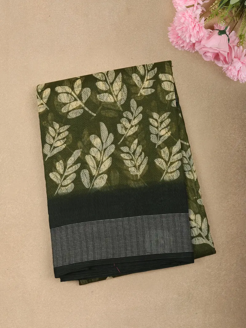 Deep Olive Moss Green Leaf Printed Design Linen Cotton Saree 1