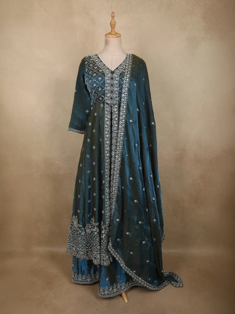 Deep Peacock Blue Heavy Sequins Embroidered Design Organza Mastani Lehenga With Dupatta 1