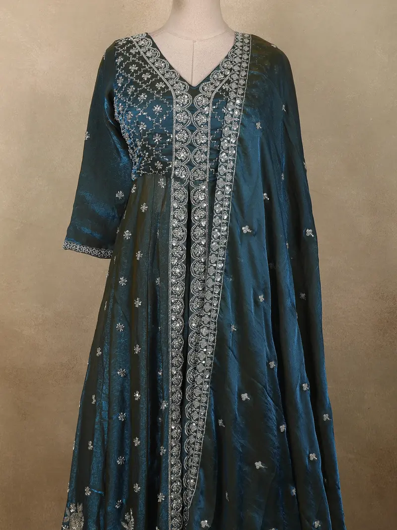 Deep Peacock Blue Heavy Sequins Embroidered Design Organza Mastani Lehenga With Dupatta 2