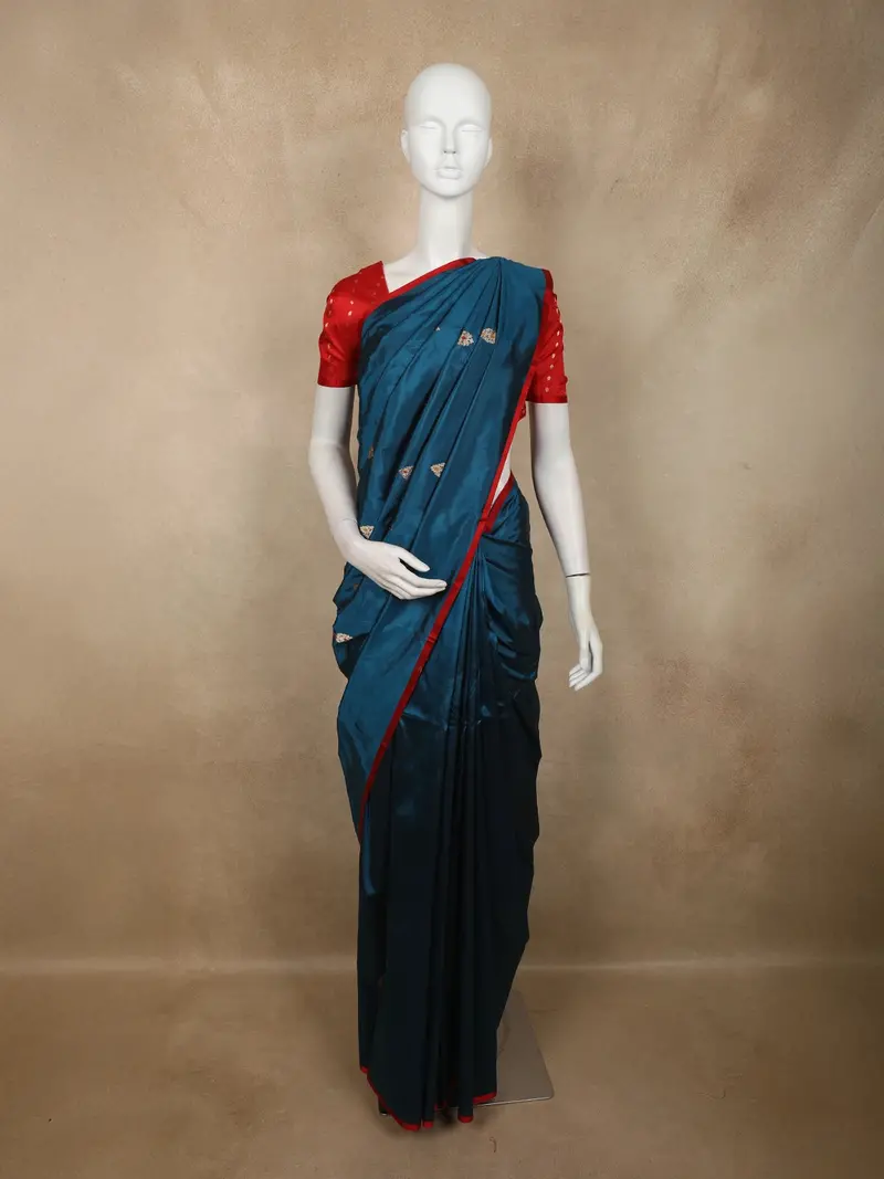 Deep Peacock Teal Blue Butta Zari Woven Design Pure Banarasi Silk Saree With Contrast Red Border 1