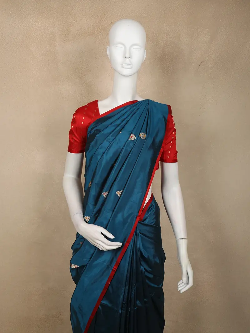 Deep Peacock Teal Blue Butta Zari Woven Design Pure Banarasi Silk Saree With Contrast Red Border 2