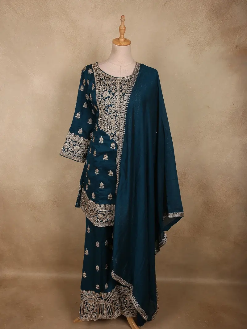 Deep Peacock Teal Blue Floral Embroidered And Stone Embellished Design Georgette Palazzo Suit With Dupatta 1