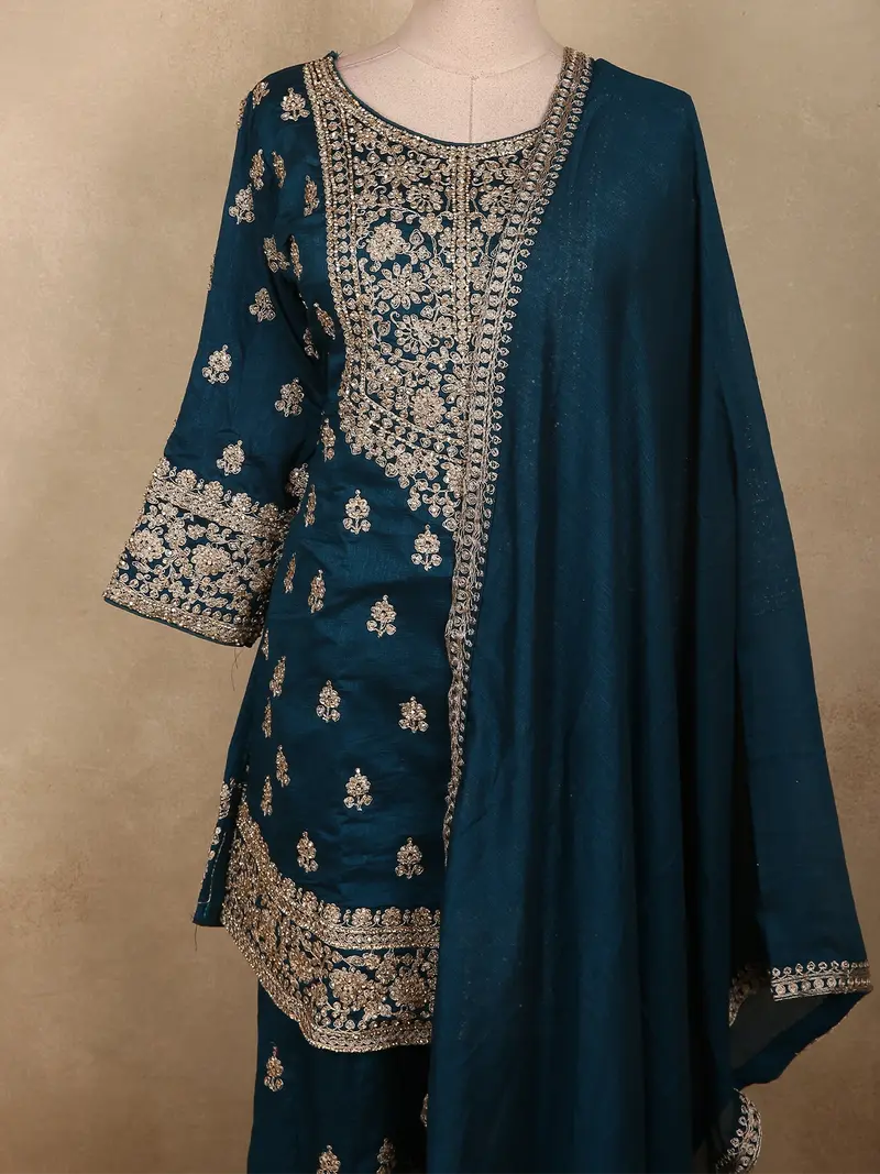 Deep Peacock Teal Blue Floral Embroidered And Stone Embellished Design Georgette Palazzo Suit With Dupatta 2