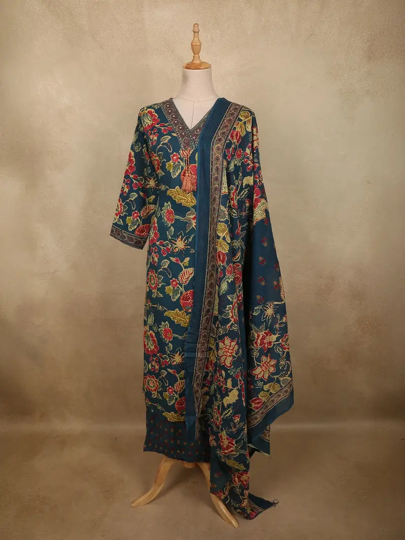 Deep Peacock Teal Blue Floral Printed Design Cotton Salwar Suit With Dupatta 1