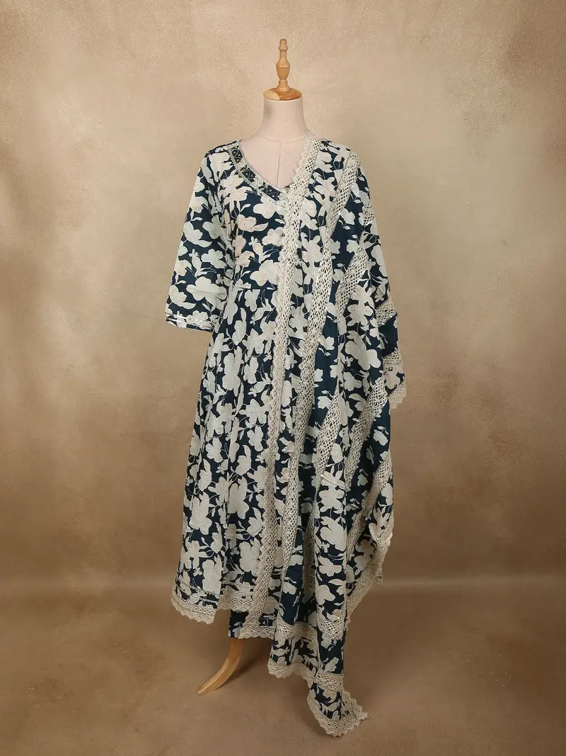 Deep Peacock Teal Blue Floral Printed Design Cotton Salwar Suit With Dupatta 1
