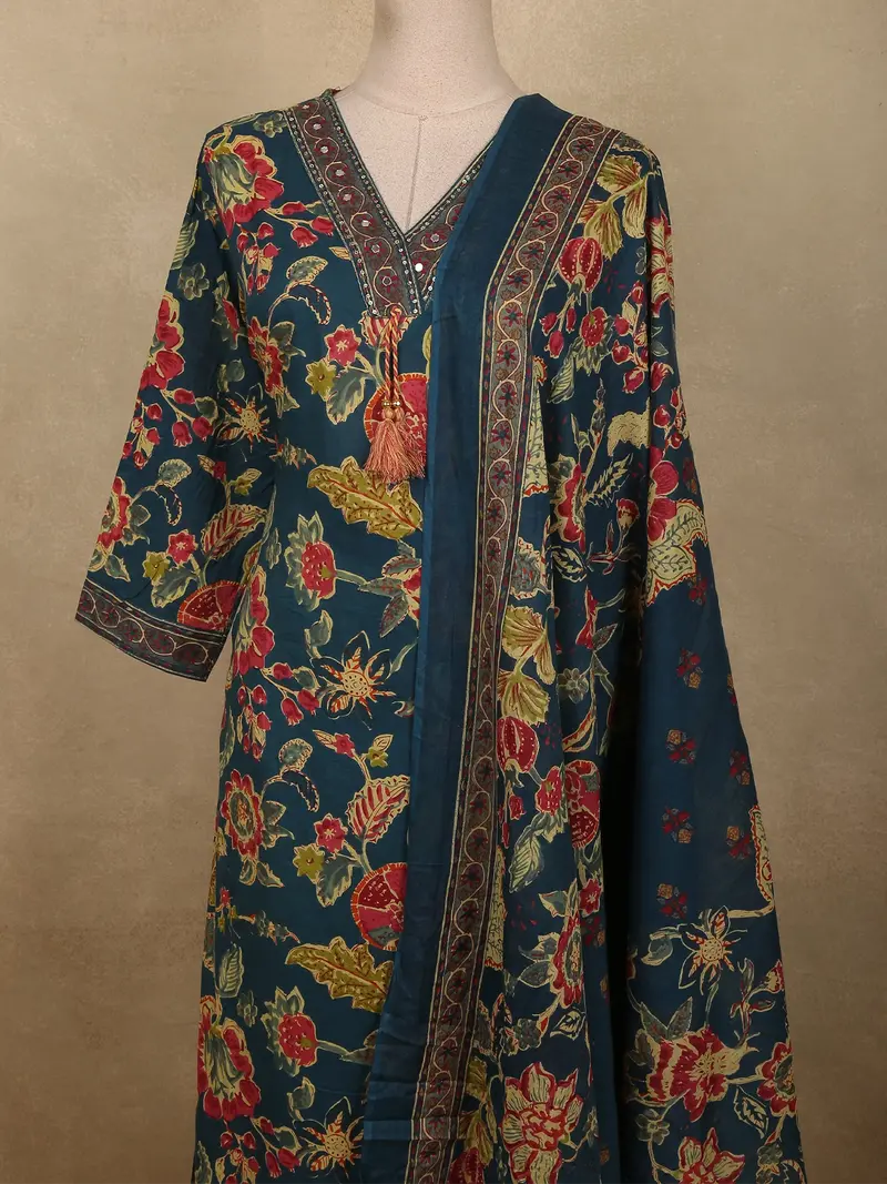 Deep Peacock Teal Blue Floral Printed Design Cotton Salwar Suit With Dupatta 2
