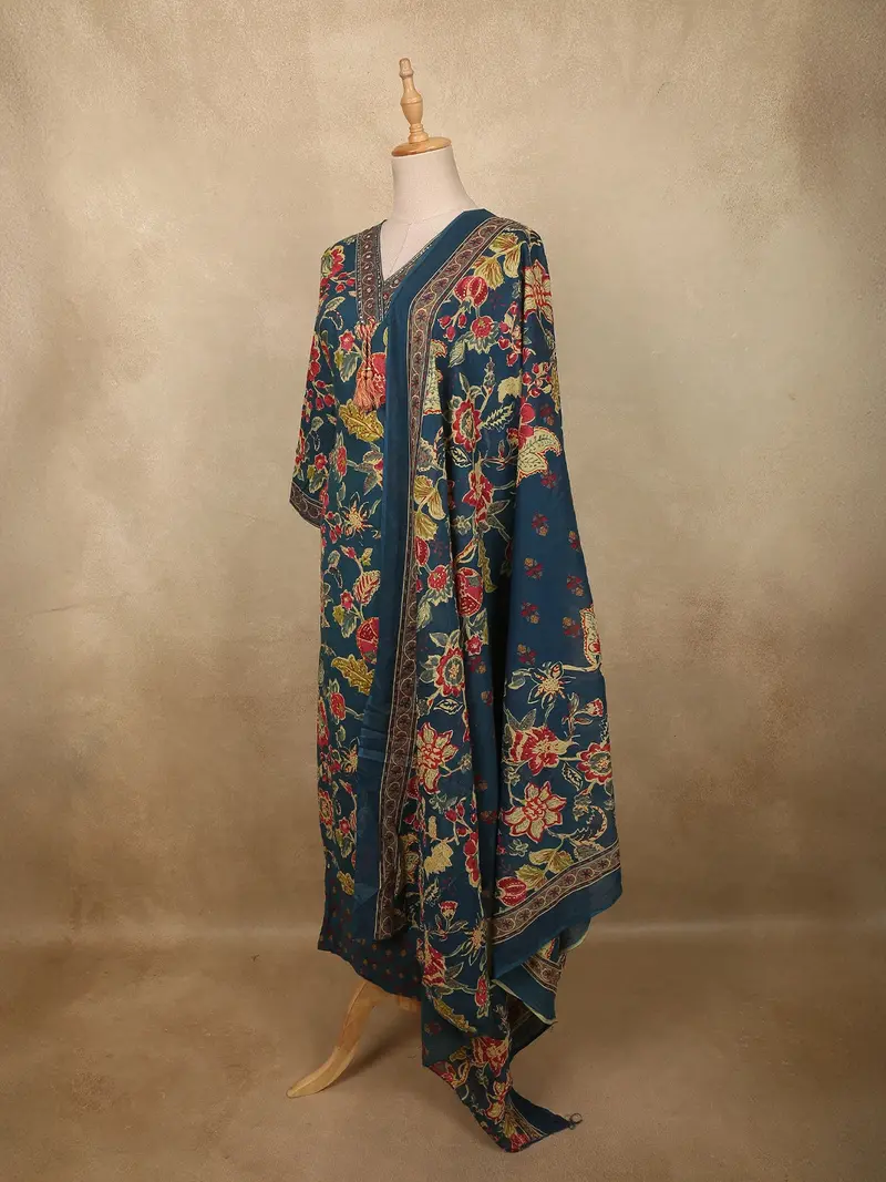 Deep Peacock Teal Blue Floral Printed Design Cotton Salwar Suit With Dupatta 3