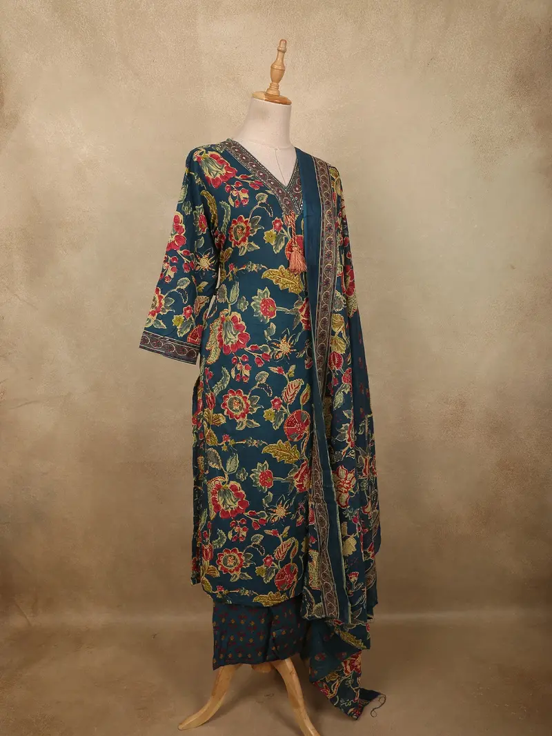 Deep Peacock Teal Blue Floral Printed Design Cotton Salwar Suit With Dupatta 4