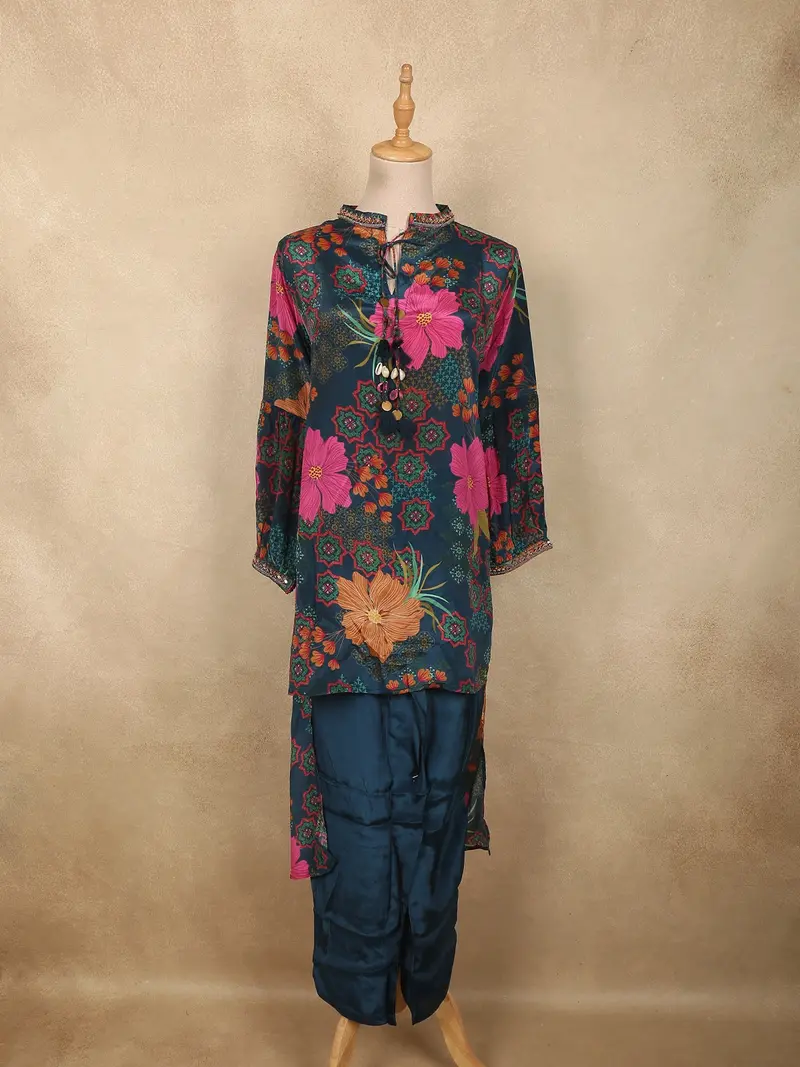 Deep Peacock Teal Blue Floral Printed Design Crepe Co Ord Set 1