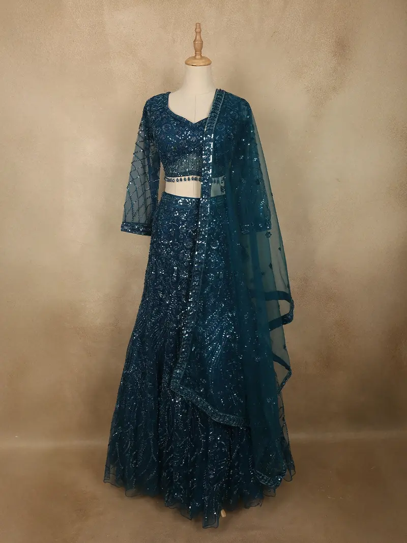 Deep Peacock Teal Blue Floral Sequins And Beads Embroidered Design Net Mermaid Lehenga With Dupatta 1