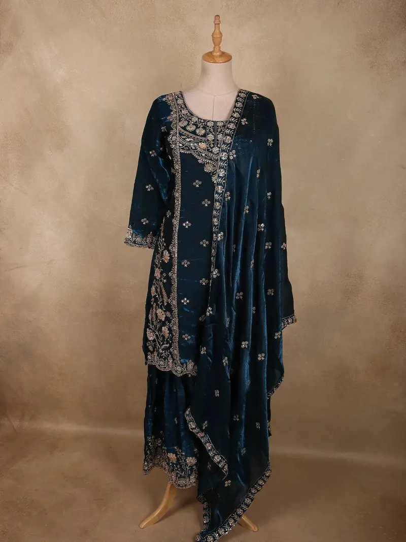 Deep Peacock Teal Blue Floral Sequins And Beads Embroidered Design Organza Sharara Suit With Dupatta 1
