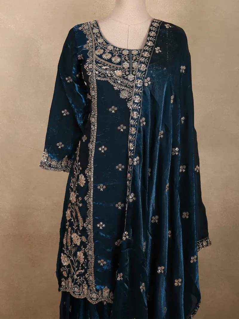 Deep Peacock Teal Blue Floral Sequins And Beads Embroidered Design Organza Sharara Suit With Dupatta 2