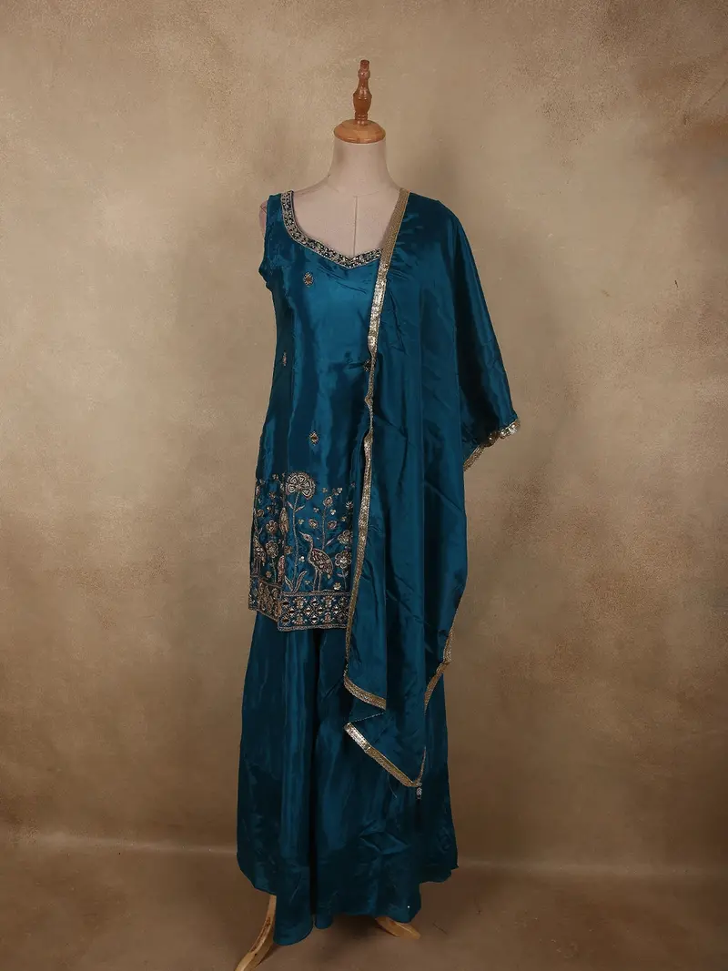Deep Peacock Teal Blue Floral Sequins And Beads Embroidered Design Satin Palazzo Suit With Dupatta 1