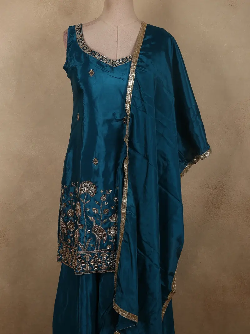 Deep Peacock Teal Blue Floral Sequins And Beads Embroidered Design Satin Palazzo Suit With Dupatta 2